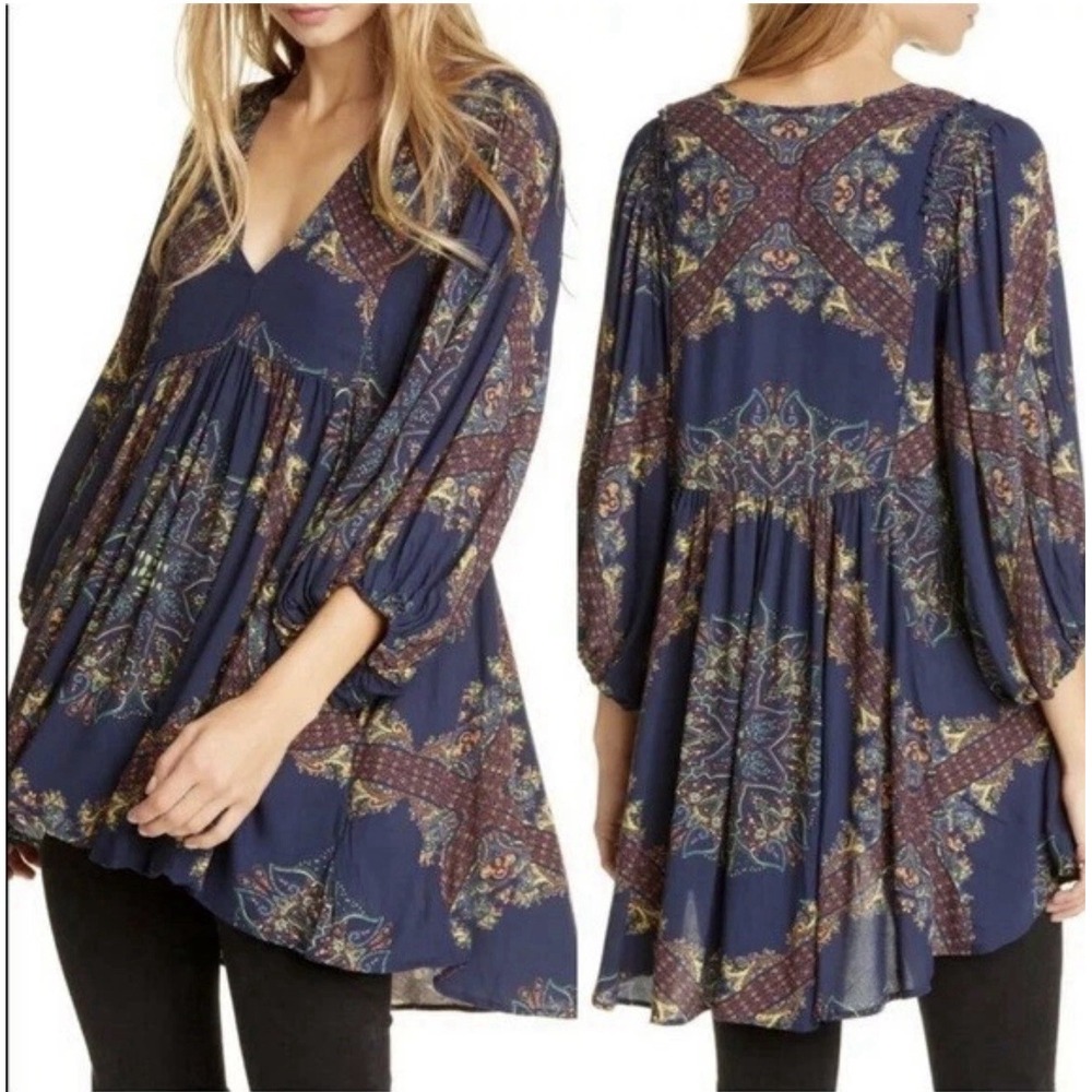 Free People Blue Paisley Girl Talk Balloon Sleeves Tunic Top L Boho Lagenlook